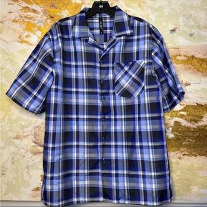 True Rock Men's Short Sleeve Plaid Button Down Shirt Gray Blue Size Medium